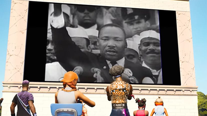A video of Martin Luther King Jr. is displayed in Fortnite