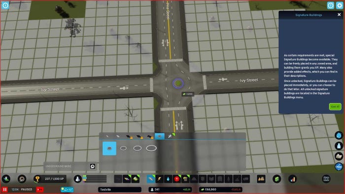 An early snapshot of a somewhat wonky roundabout in Cities: Skylines II