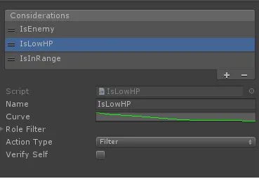 The inspector of the Decision class in Unity, we can create new Decision adding or removing considerations. Realize that in some cases, changing the order of execution, we change the order of filtered units