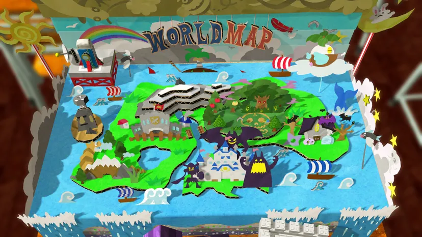 colorful world map graphics, with creatures on an island