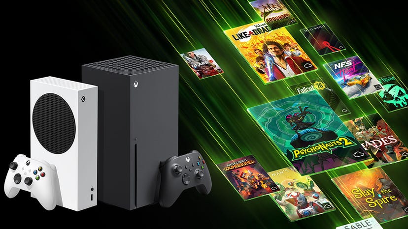 An image showing the Xbox Series X and Xbox Series S and the artwork for cloud-supported titles