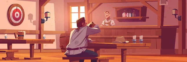 Cartoonish illustration of a medieval tavern's interior.