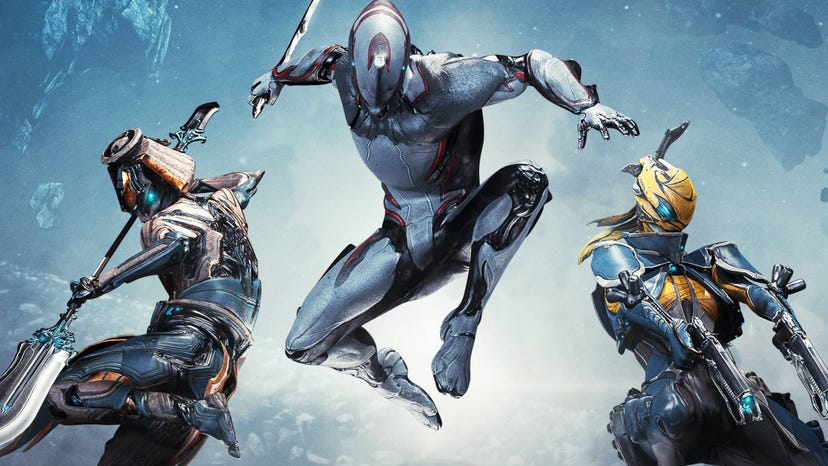 Promo art for Digital Extremes' Warframe showing three Tenno in action.