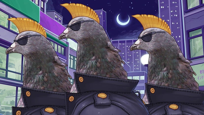 A trio of biker pigeons in the visual dating sim Hatoful Boyfriend.