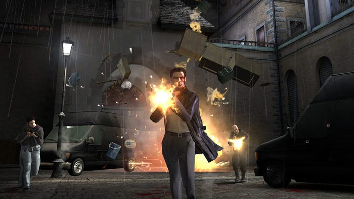 Max Payne blasts gunfire toward the camera.