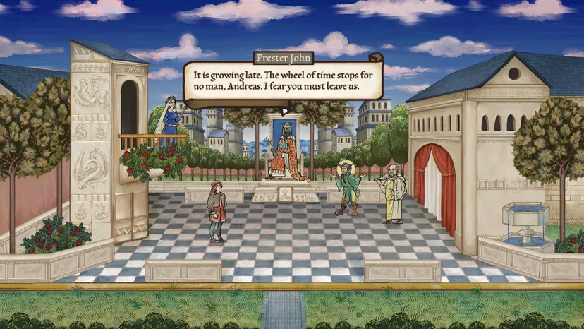A screenshot from Pentiment. Player character Andreas speaks with Prestor John and other saints in his dreams.