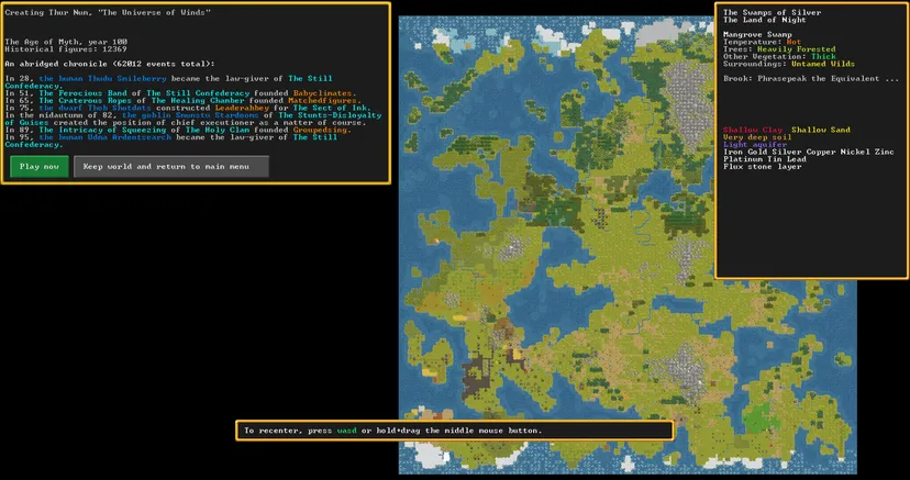 A screenshot showing the game's world history generation.