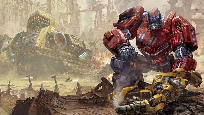 Optimus Prime and Bumblebee in key art for Transformers: Fall of Cybertron.