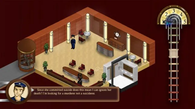 Hotel lobby with two characters, James dialogue box in bottom left corner as he talks to himself