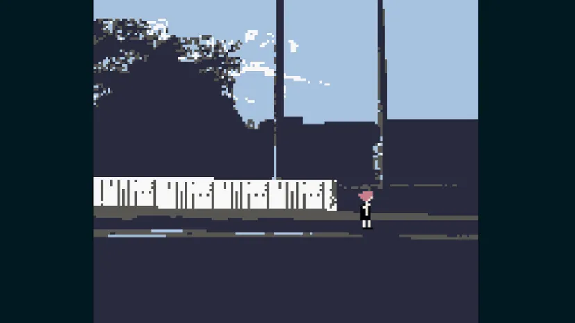 a pixel art character standing beside a road