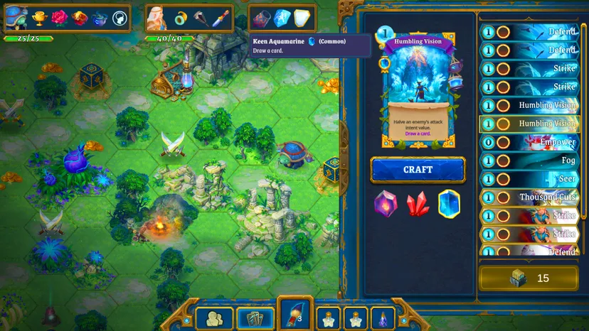 A crafting screen in Roguebook allows players to expand their in-game card decks.
