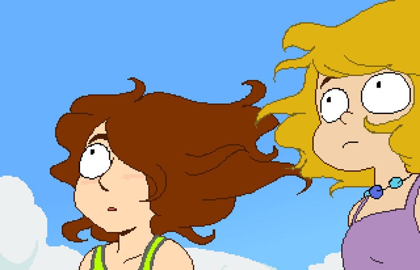 A screenshot from Perfect Tides. Two teenage girls look off into the skyline.