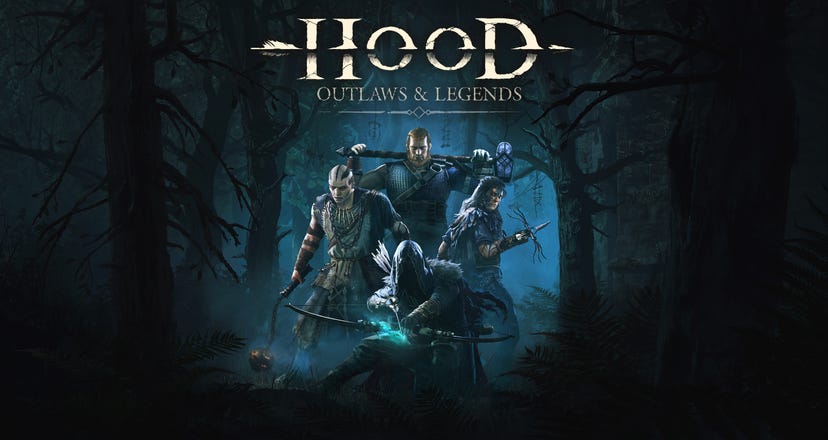 Four adventueres stand at the ready in the center of a dark forest. The logo for the game Hood is printed above them.