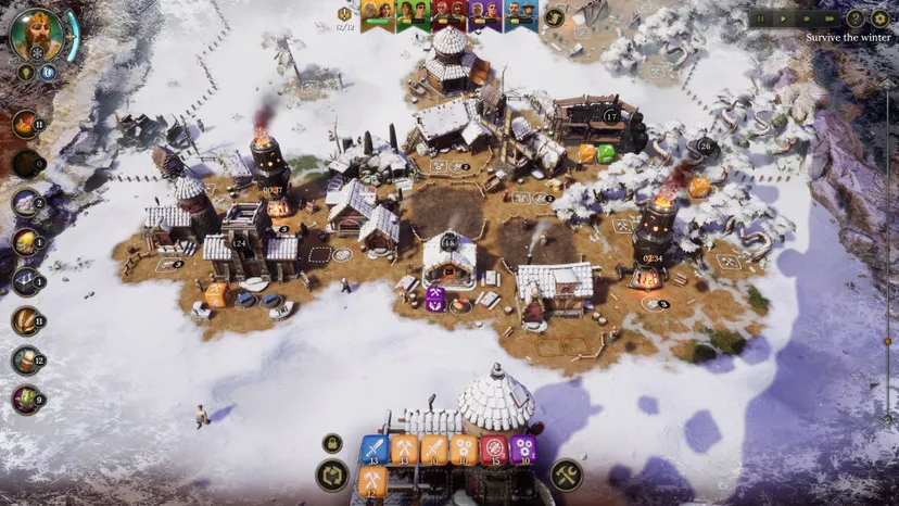 A top down view of a small settlement during winter in Dice Legacy.