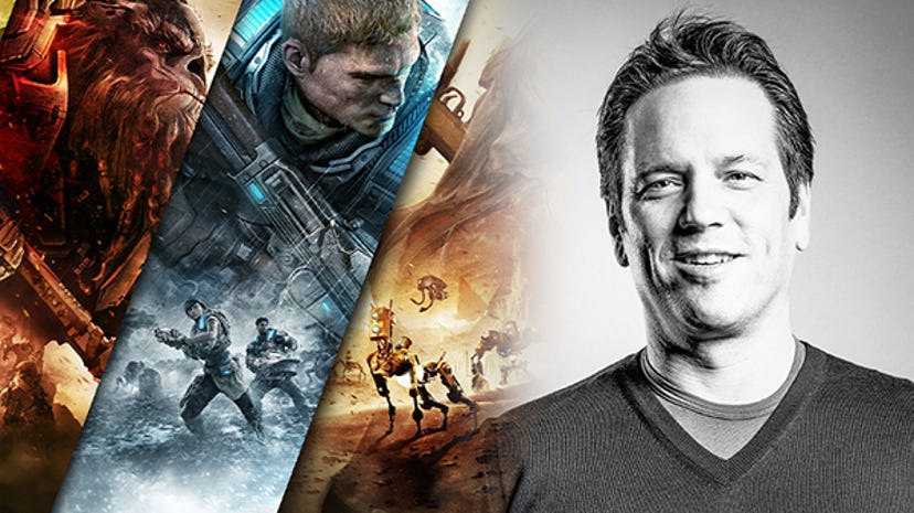 A photograph of Phil Spencer paired with images from Halo, Gears of War, and ReCore