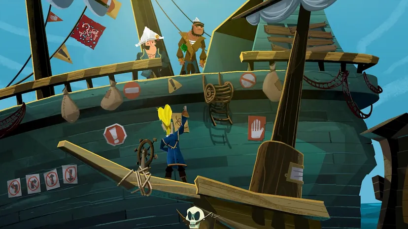 A screenshot from Return to Monkey Island. Guybrush hails pirates aboard a larger vessel.