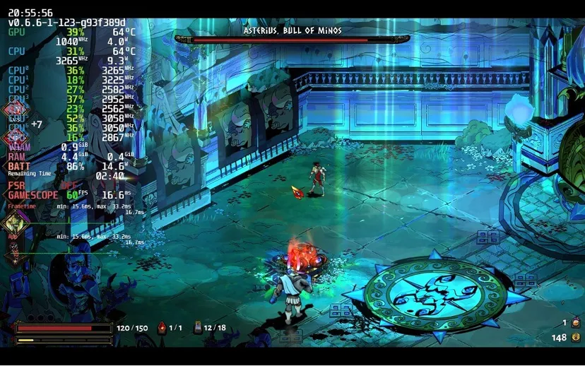 An overlay shows Steam Deck performance as Hades is played.