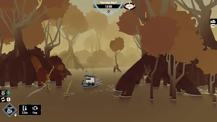 Dredge screenshot showing the small boat in a spooky wooded grove