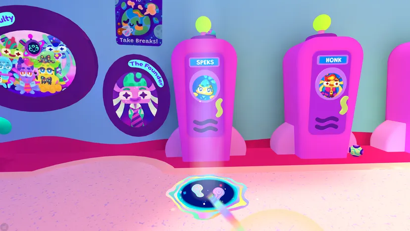 Lockers in the school hallway with a teleportation indicator placed in front of a locker. The indicator has two shoe icons in a circle pointing in the direction the player will face.