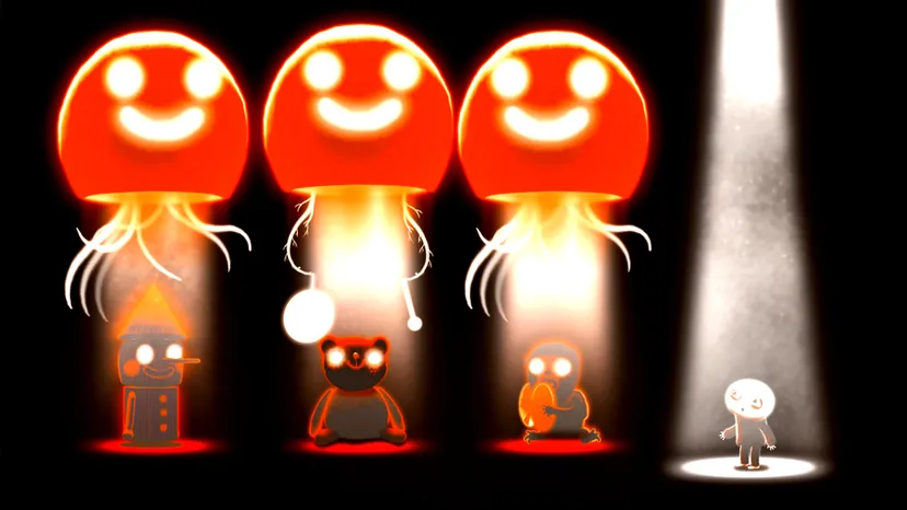 A screenshot from Happy Game. A small boy stands in a spotlight. To his left, three red spotlights show the creepy sihlouttes of a wooden toy, a stuffed bear, and a monkey eating a heart.