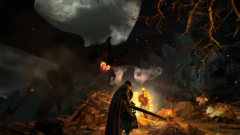 A screenshot from Dragon's Dogma. The player stares down a great dragon.