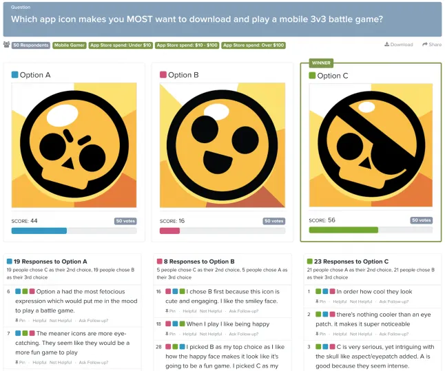 Screenshot of PickFu test of three app icons