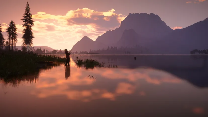 A player fishes at sunset in Call of the Wild: The Angler.