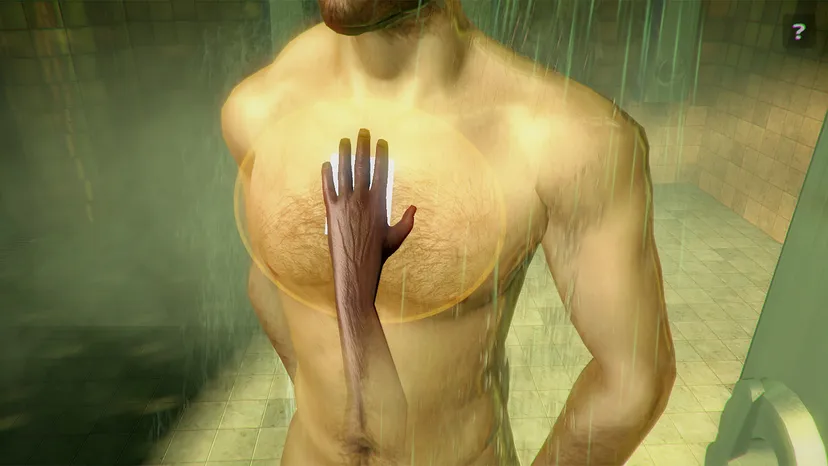 A screenshot from Robert Yang's Rinse and Repeat. The player raises an arm to rub a man's chest.