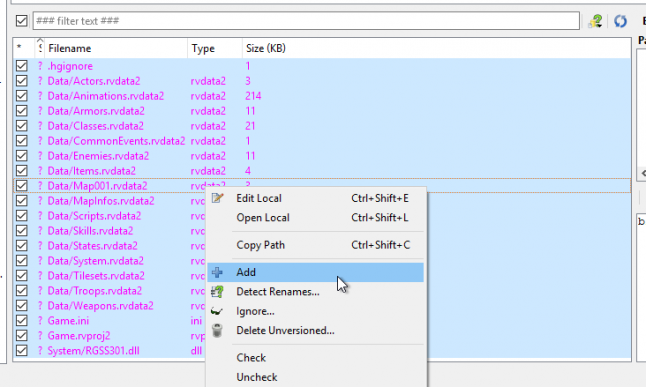 Screenshot: Adding files to a Mercurial repository