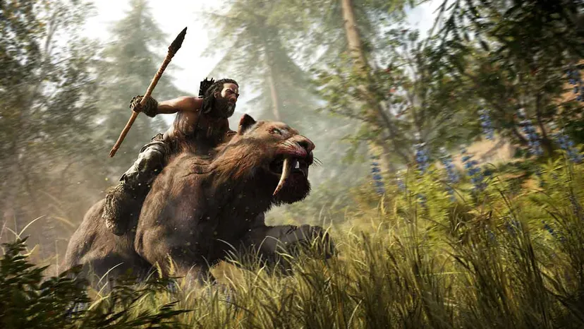 A screenshot from Far Cry Primal showing a player riding a sabre-tooth