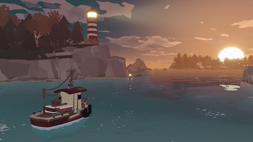 A screenshot from Dredge showing a fishing trawler sailing past a lighthouse at sunset