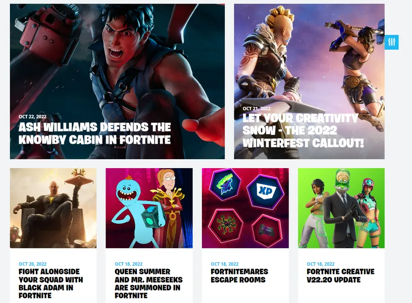 A screenshot of Fortnite news from October 2022. The Evil Dead's Ash, DC's Black Adam, and two Rick & Morty characters are all featured.