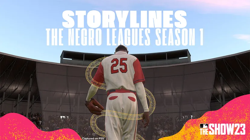 MLB the Show 23 Storylines promo art, with player facing the stadium