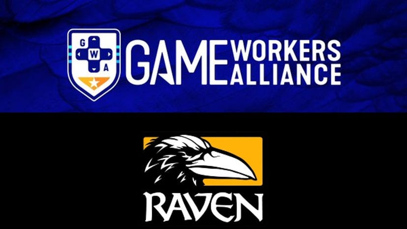 Combined logos for Raven Software and the Game Workers Alliance.