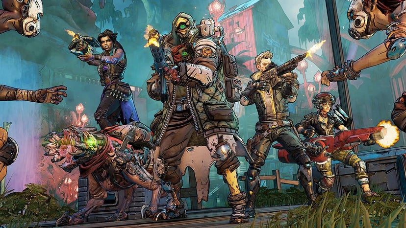 A screenshot from Borderlands showing a chaotic four-way skirmish
