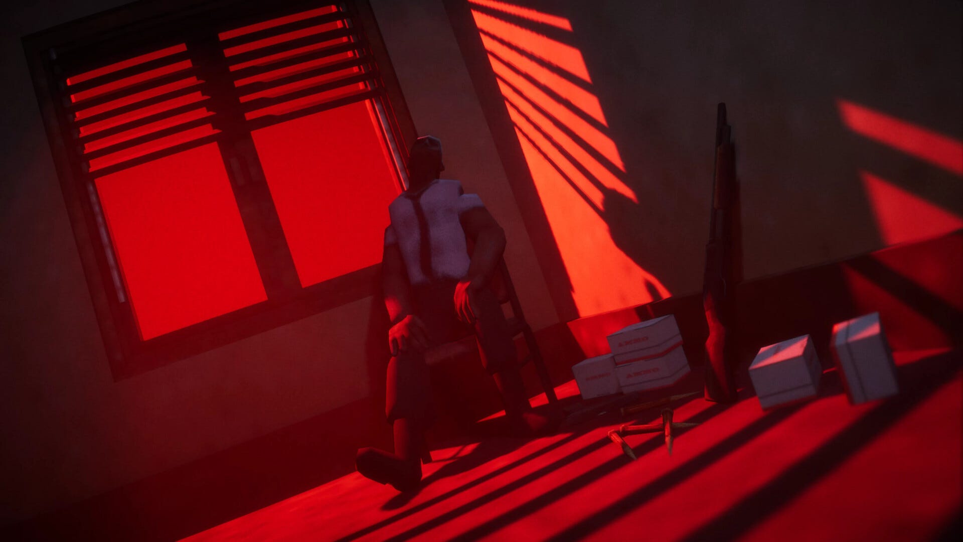 A screenshot from El Paso, Elsewhere. A man reclines on a chair in the shadow of a glowing red room. A shotgun leans on the wall.