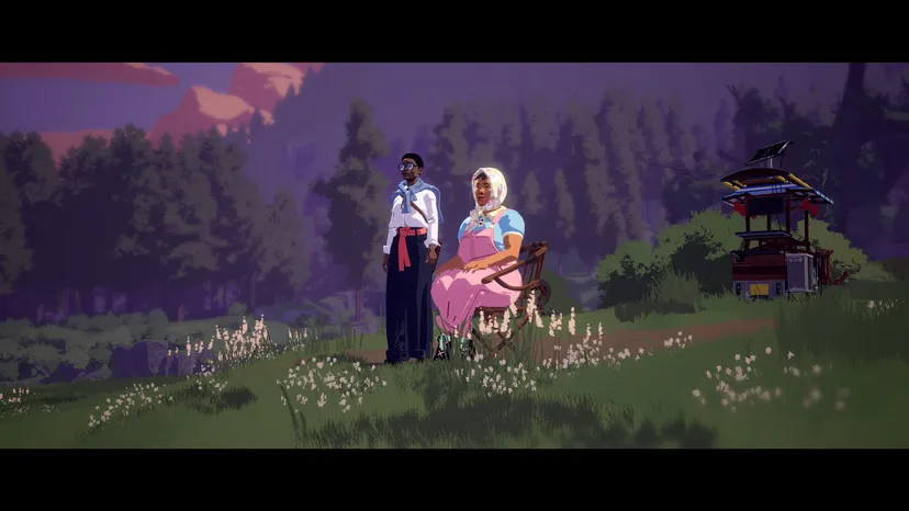 two characters against a wooded backdrop
