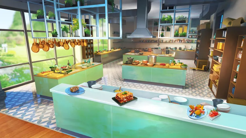 Concept art of the open kitchen in Chef Life.