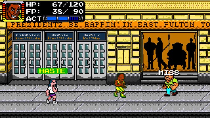 A screenshot from Treachery in Beatdown City. Pixelized characters do battle.