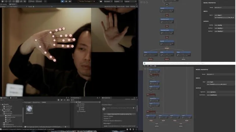 A screenshot of Unity Sentis being used to track finger motion.