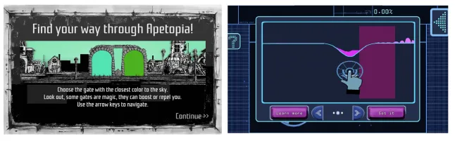 Apetopia (left) uses player's perception to train a neural network. In  Quantum Moves (right), players find solutions to quantum computer optimization.