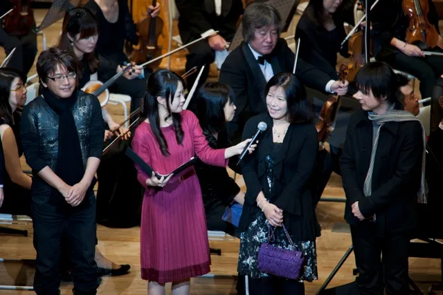 Hiroki Kikuta, Yoko Shimomura and Yasunori Mitsuda addressing the crowd