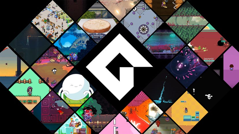 The GameMaker logo surrounded by images from titles created with the engine