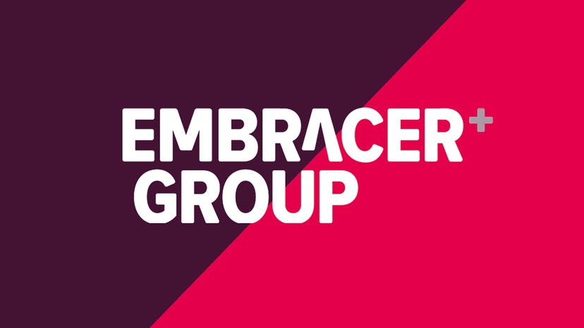 The Embracer Group logo on a contrasting pink and purple background