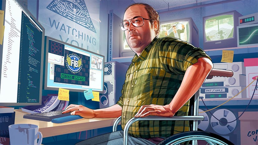 Key art promoting Grand Theft Auto online, featuring the hacker character Lester.