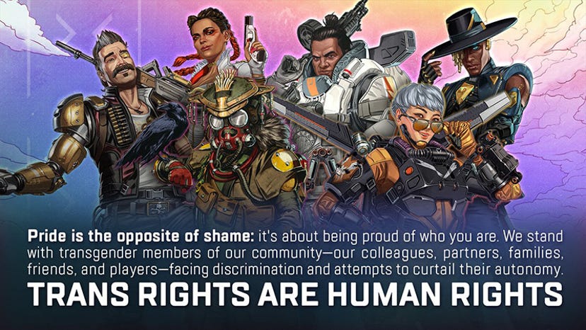 Respawn Entertainment's statement in support of Transgender rights. Several LGBTQ Apex Legends characters pose behind the text.