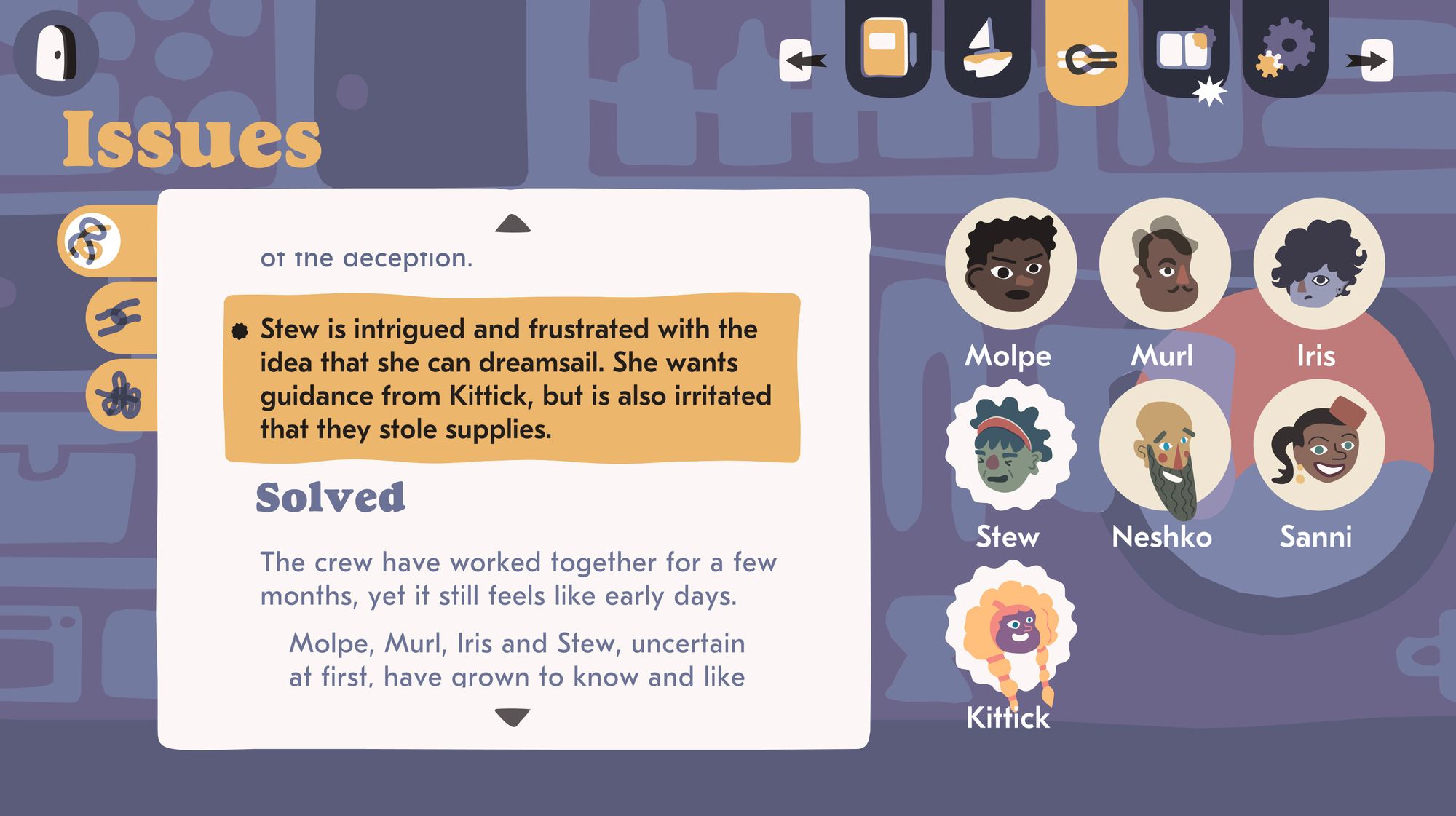 A screen which shows an Issues log within the game