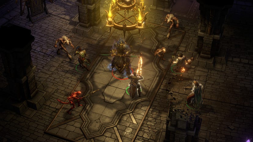A screenshot from Pathfinder showing a group of adventurers confronting a foe