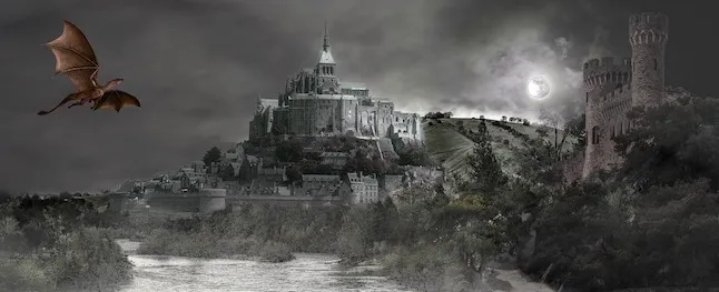Fantasy illustration, showing a castle and a dragon flying towards it.