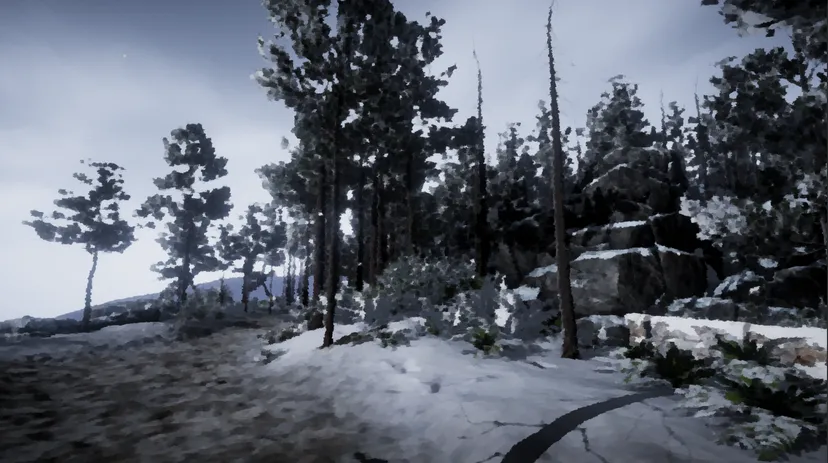 a winter landscape with ice, trees, and gray skies